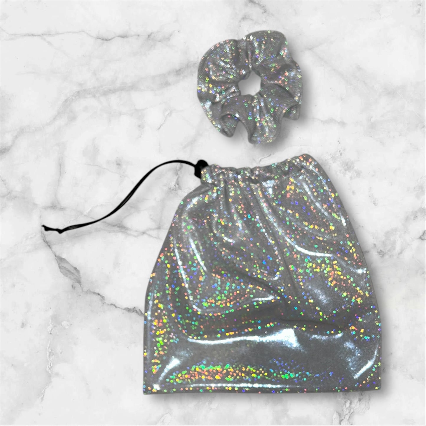 Silver hologram accessory bag and scrunchie set