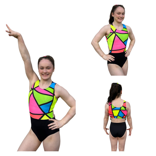 Neon/black open back leotard